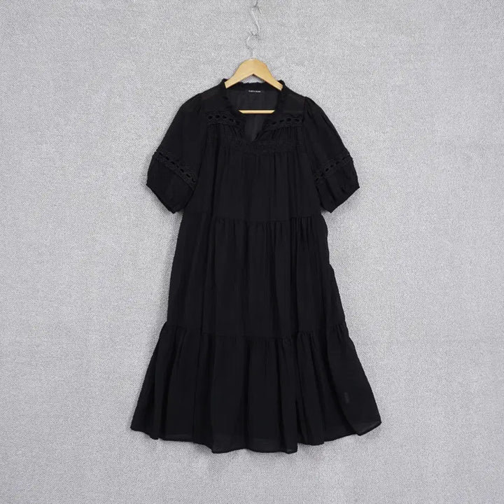 [BUNJANG] Plastic Island Ribbon Frill Neck Eyelet Embroidery Short Sleeve Dress Black / 플라스틱아일랜드 리본 프릴넥 펀칭 자수 반팔 원피스 free