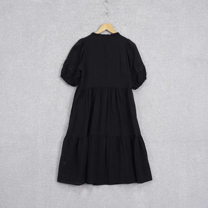 [BUNJANG] Plastic Island Ribbon Frill Neck Eyelet Embroidery Short Sleeve Dress Black / 플라스틱아일랜드 리본 프릴넥 펀칭 자수 반팔 원피스 free