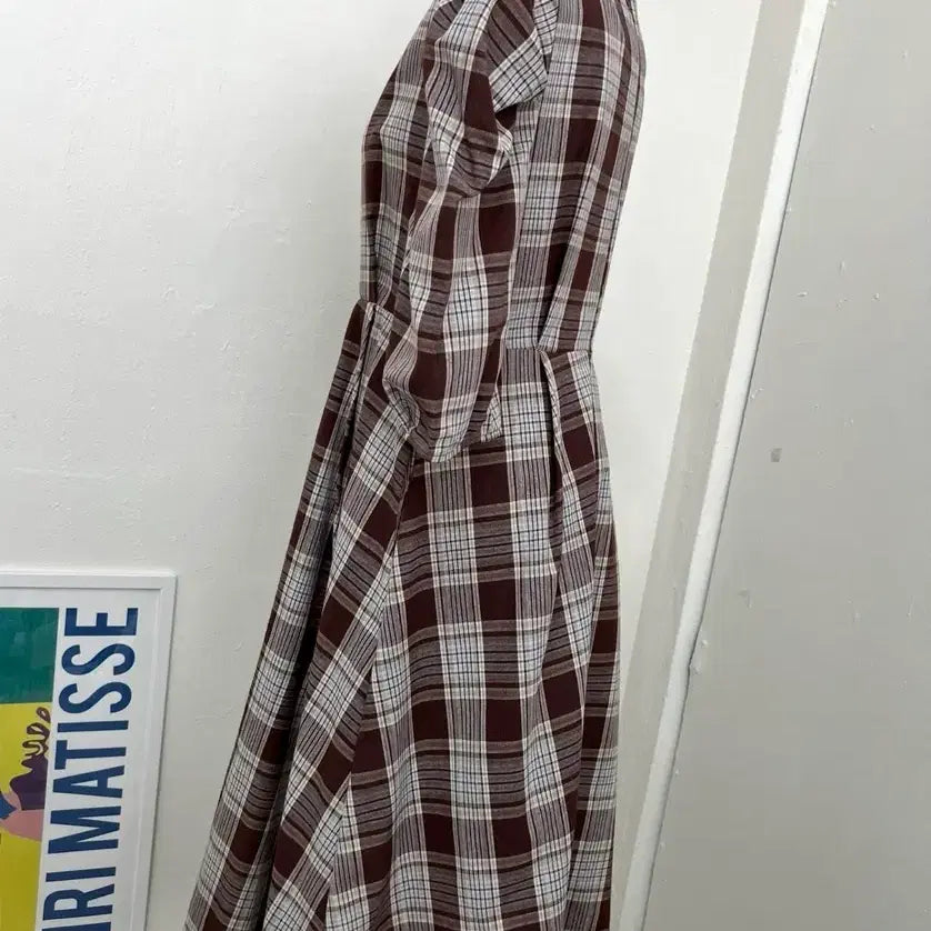 [BUNJANG] Brown Check Puff Sleeve Dress / 브라운 체크 퍼프슬리브 원피스
