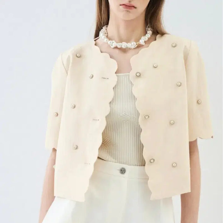 [BUNJANG] Lanvin Linen Blend Scalloped Crop Pearl Embellished Jacket / 랑방 린넨블렌드 스캘럽 크롭 펄장식 세팅 하프자켓