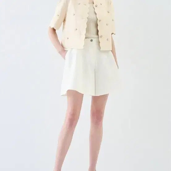 [BUNJANG] Lanvin Linen Blend Scalloped Crop Pearl Embellished Jacket / 랑방 린넨블렌드 스캘럽 크롭 펄장식 세팅 하프자켓