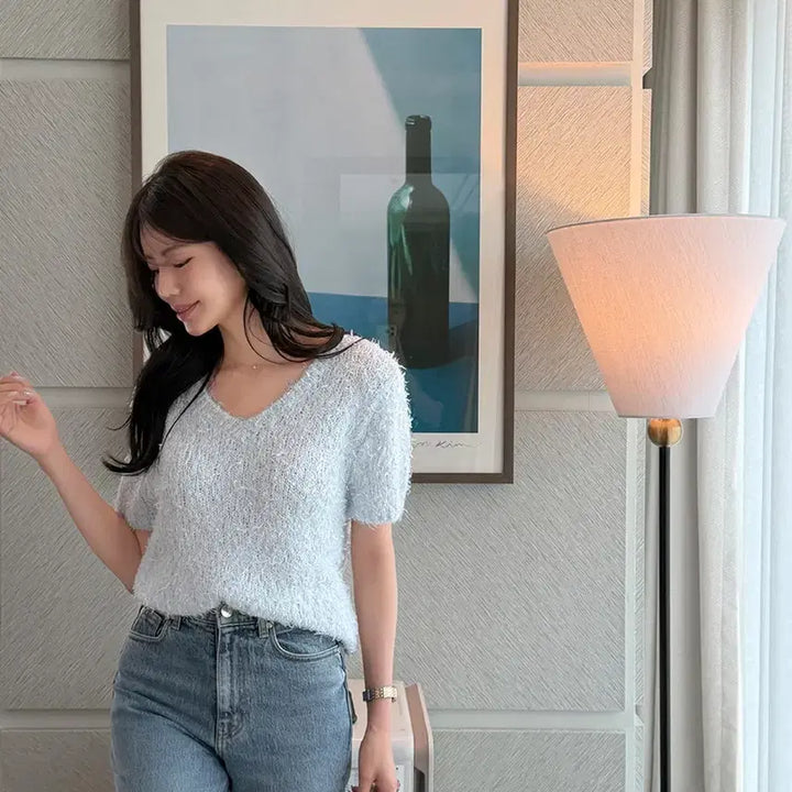 [BUNJANG] Hawa Momo Plume Knit Top (Air Blue) / 하와 26ss 모모 플룸 니트 (에어블루) 브이넥 반팔부클니트 날개사 탑