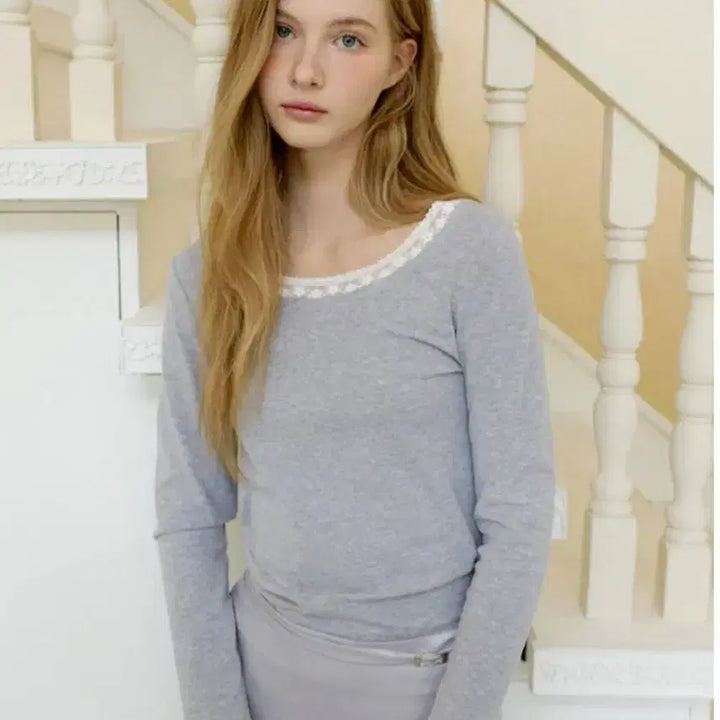 [BUNJANG] Letter From Moon Lace Boat Neck T-Shirt Gray / 레터프롬문 레터즈 레이스 보트넥 티셔츠 그레이
