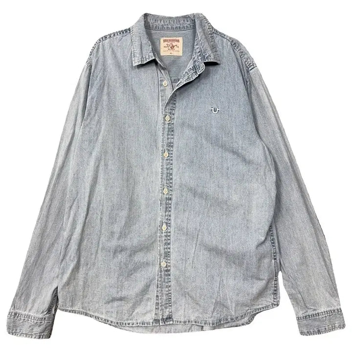 [BUNJANG] True Religion Embroidered Logo Light Blue Denim Shirt XL / 트루릴리젼 자수 로고 연청 데님 셔츠 XL