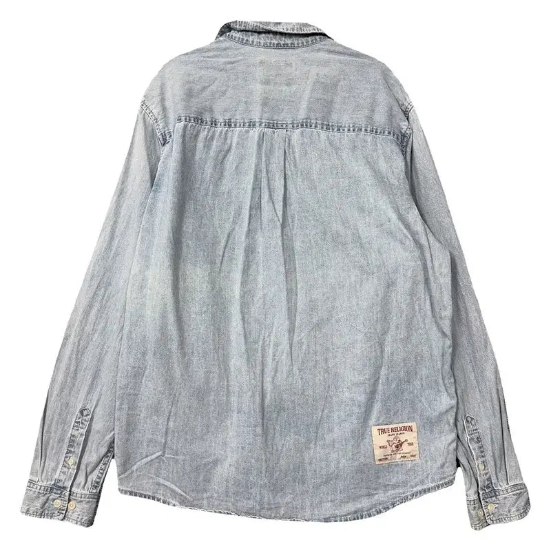 [BUNJANG] True Religion Embroidered Logo Light Blue Denim Shirt XL / 트루릴리젼 자수 로고 연청 데님 셔츠 XL