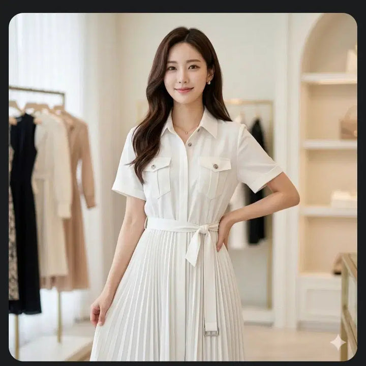 [BUNJANG] Maire Beige Pleated Long Shirt Dress / 셔츠형 원피스