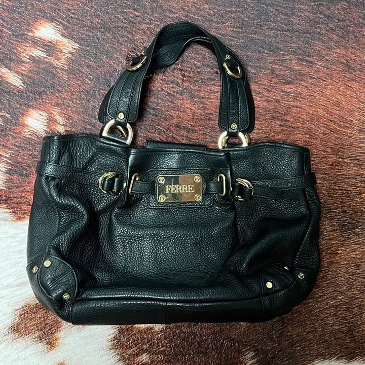 [BUNJANG] GIANFRANCO FERRE Black Gold Leather Tote Bag / GIANFRANCO FERRE 지안프랑코 페레 블랙골드 레더 토트백