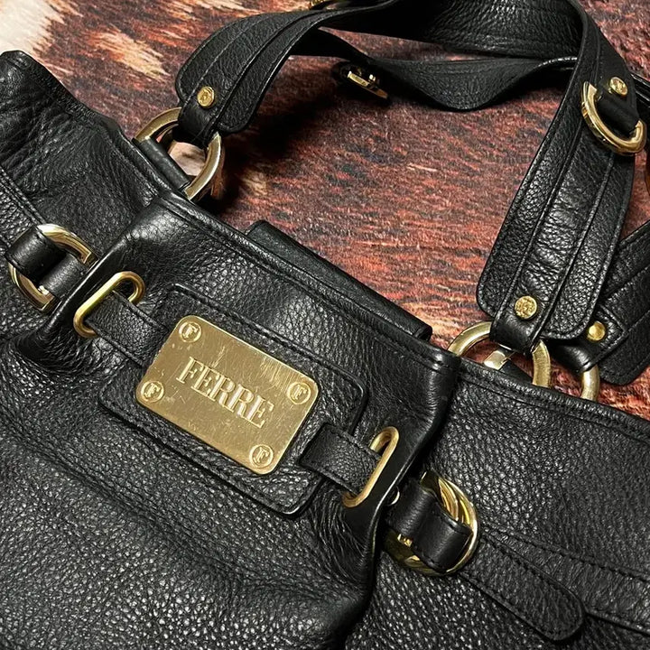 [BUNJANG] GIANFRANCO FERRE Black Gold Leather Tote Bag / GIANFRANCO FERRE 지안프랑코 페레 블랙골드 레더 토트백