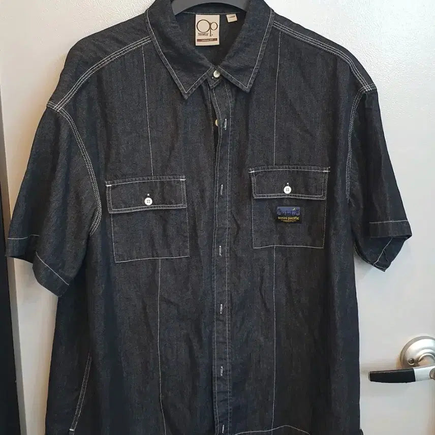[BUNJANG] Ocean Pacific Gray One-Pocket Denim Shirt Jacket - Large / 오션퍼시픽 그레이 원포켓 데님 셔츠 반팔자켓 라지
