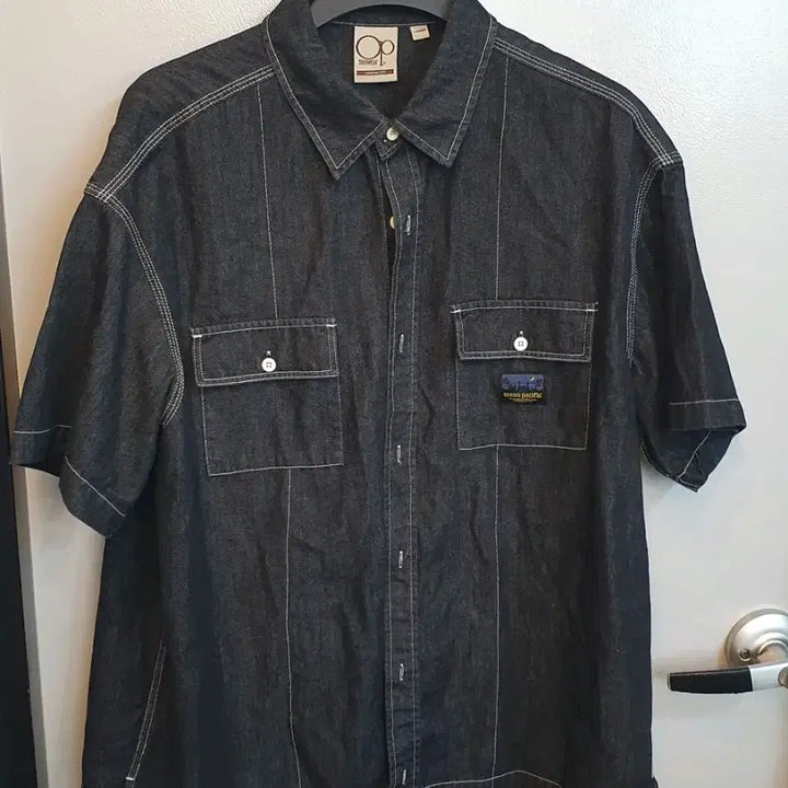 [BUNJANG] Ocean Pacific Gray One-Pocket Denim Shirt Jacket - Large / 오션퍼시픽 그레이 원포켓 데님 셔츠 반팔자켓 라지