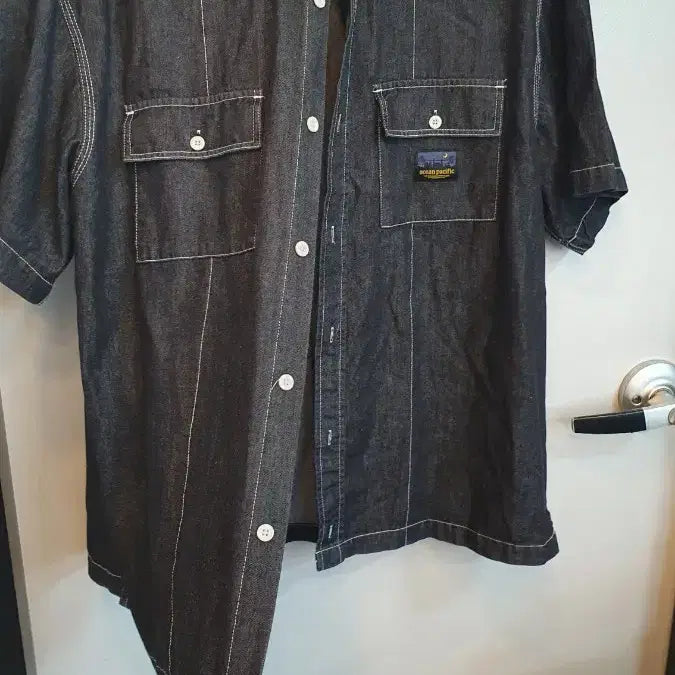 [BUNJANG] Ocean Pacific Gray One-Pocket Denim Shirt Jacket - Large / 오션퍼시픽 그레이 원포켓 데님 셔츠 반팔자켓 라지