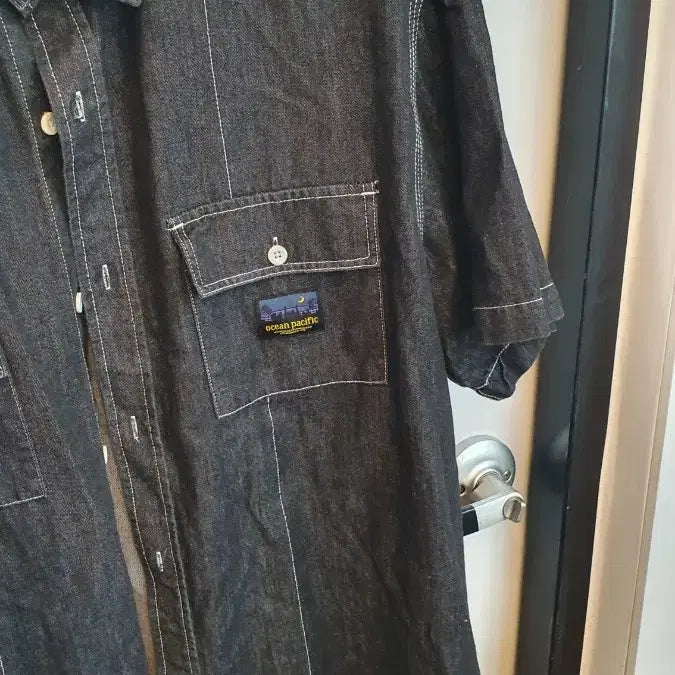 [BUNJANG] Ocean Pacific Gray One-Pocket Denim Shirt Jacket - Large / 오션퍼시픽 그레이 원포켓 데님 셔츠 반팔자켓 라지