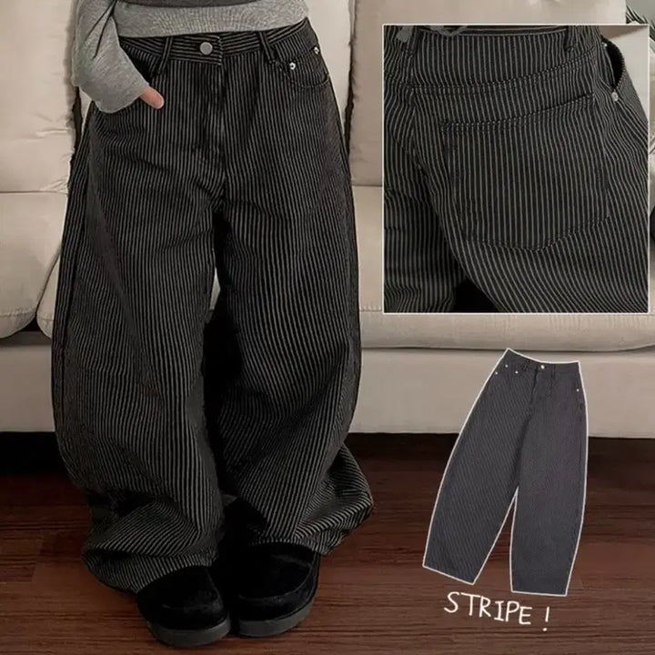 [BUNJANG] Abel Black Stripe Balloon Wide Denim Pants / 아벨 블랙 스트라이프 벌룬 와이드 데님 팬츠 에이블리