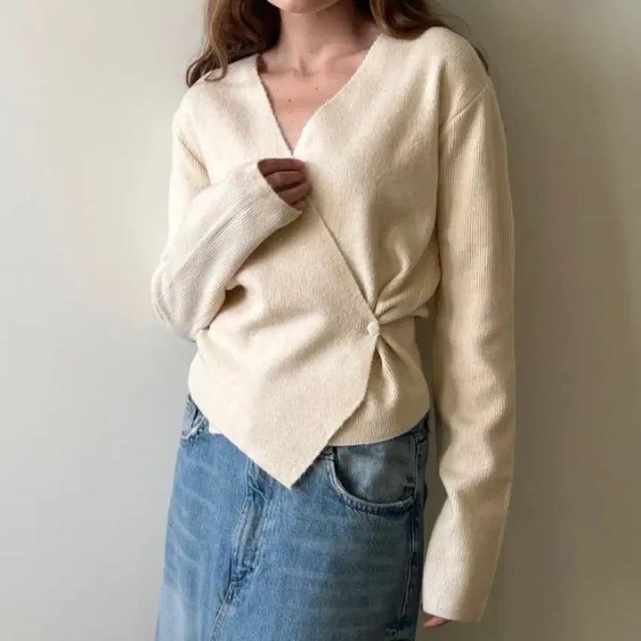 [BUNJANG] V-Neck Wool Cashmere Wrap Knit Top / 끈 리본 브이넥 울 캐시미어 랩 니트 에이블리 지그재그 하객룩 출근룩