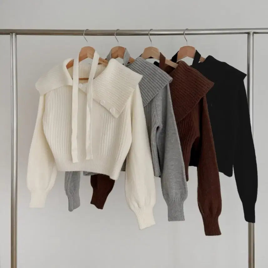 [BUNJANG] Loose Fit Off-Shoulder Tie Button Knit Top / 봄 루즈핏 타이 버튼 단추 오프숄더 니트 꽃놀이룩 벚꽃룩 에이블리