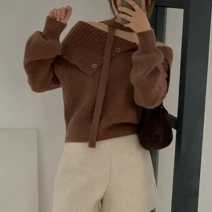 [BUNJANG] Loose Fit Off-Shoulder Tie Button Knit Top / 봄 루즈핏 타이 버튼 단추 오프숄더 니트 꽃놀이룩 벚꽃룩 에이블리