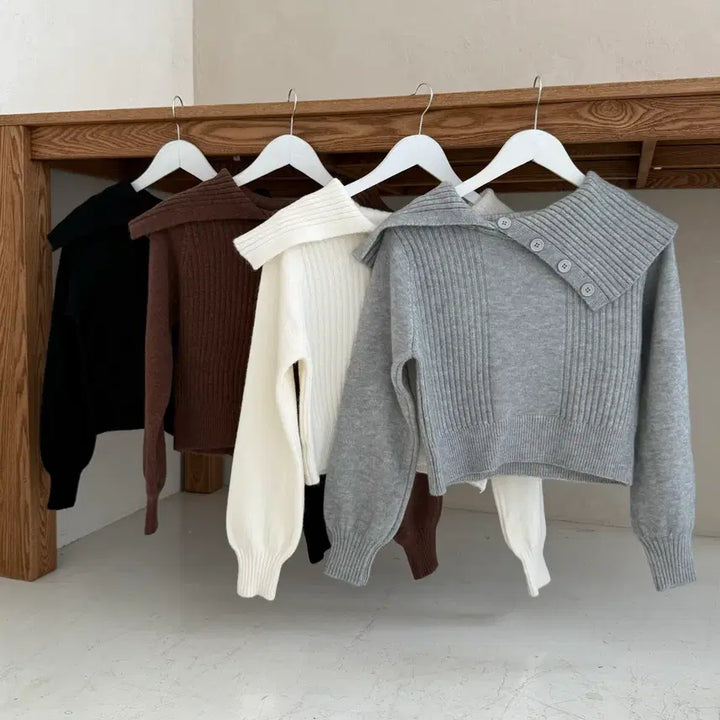 [BUNJANG] Loose Fit Off-Shoulder Tie Button Knit Top / 봄 루즈핏 타이 버튼 단추 오프숄더 니트 꽃놀이룩 벚꽃룩 에이블리