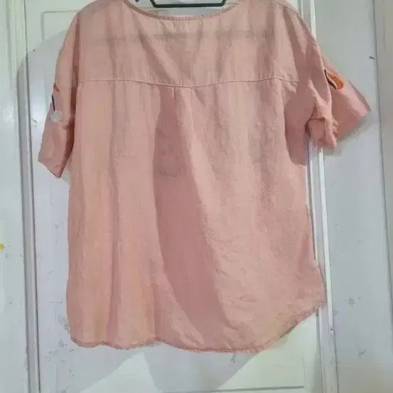 [BUNJANG] Linen Floral Embroidery Pink Blouse / 마  린넨  꽃 자수 반팔 블라우스  깨끗해요 가슴단면 51