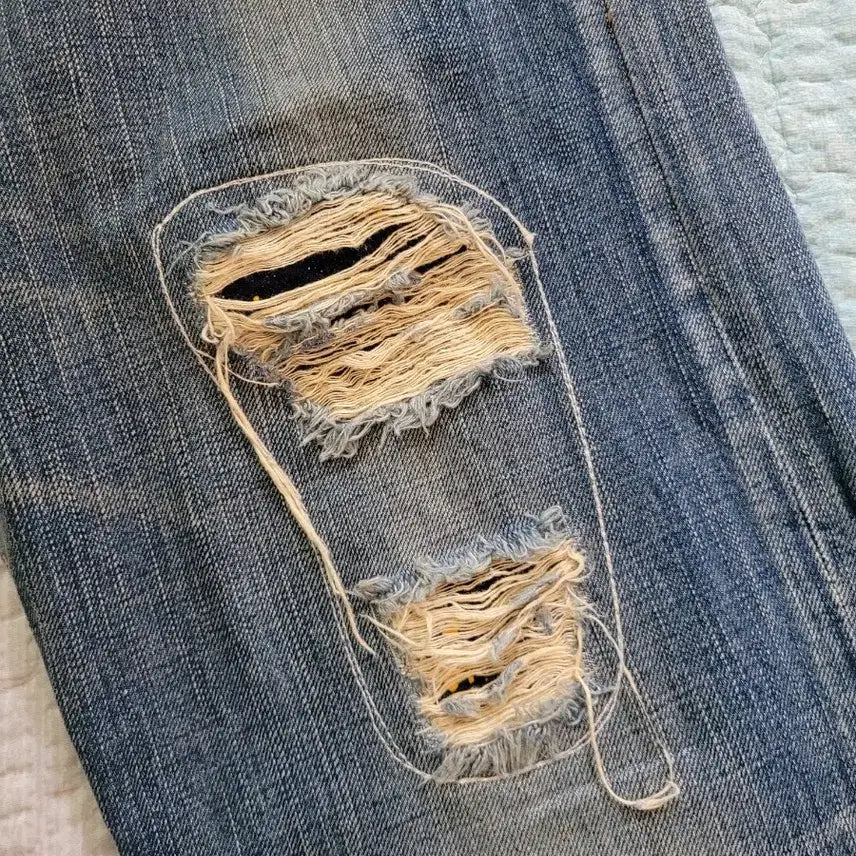 [BUNJANG] Edwin Japan Distressed Vintage Wash Straight Jeans / 에드윈 재팬 Edwin 디스리페어 빈티지연청워싱 스트레이트진 31사이즈