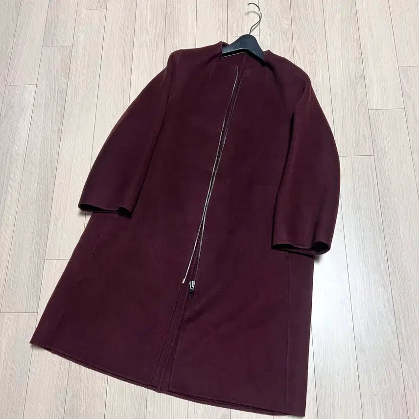 [BUNJANG] Hanseom Mine Italian Cashmere Wool Handmade Coat - Burgundy / 한섬 마인 MINE 이태리소재 캐시미어 울 노카라 핸드메이드 코트 버건디