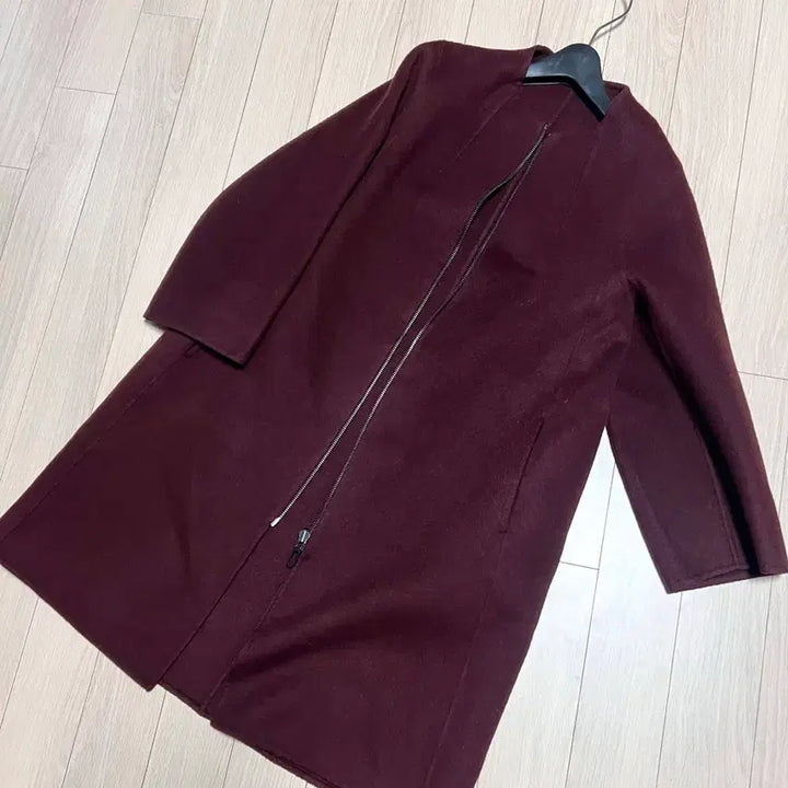 [BUNJANG] Hanseom Mine Italian Cashmere Wool Handmade Coat - Burgundy / 한섬 마인 MINE 이태리소재 캐시미어 울 노카라 핸드메이드 코트 버건디