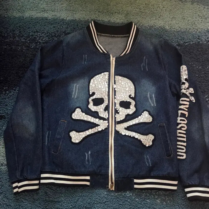 [BUNJANG] Vintage Skull &amp; Star Embroidered Denim Varsity Jacket / 택포)(주의사항)빈티지 스컬자수 샌즈파피루스 미국별자수 데님바시티자켓