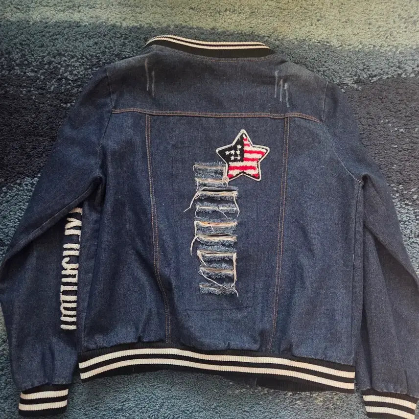 [BUNJANG] Vintage Skull &amp; Star Embroidered Denim Varsity Jacket / 택포)(주의사항)빈티지 스컬자수 샌즈파피루스 미국별자수 데님바시티자켓