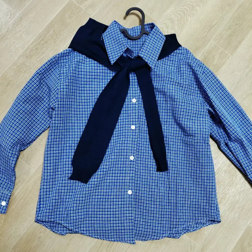 [SOLD OUT] 여름 세일러 니트 레이어드 체크 셔츠