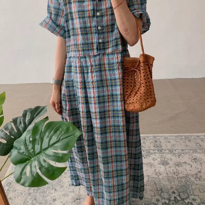 [BUNJANG] Green Checkered Long Sleeve Collar Dress / 그린 체크 롱 반팔 카라 원피스