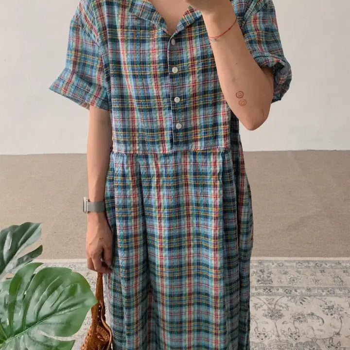 [BUNJANG] Green Checkered Long Sleeve Collar Dress / 그린 체크 롱 반팔 카라 원피스