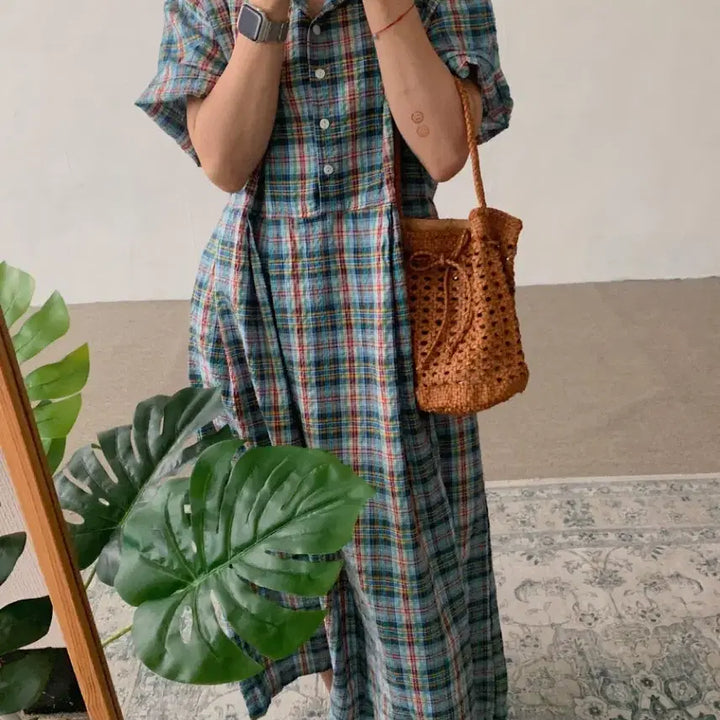 [BUNJANG] Green Checkered Long Sleeve Collar Dress / 그린 체크 롱 반팔 카라 원피스