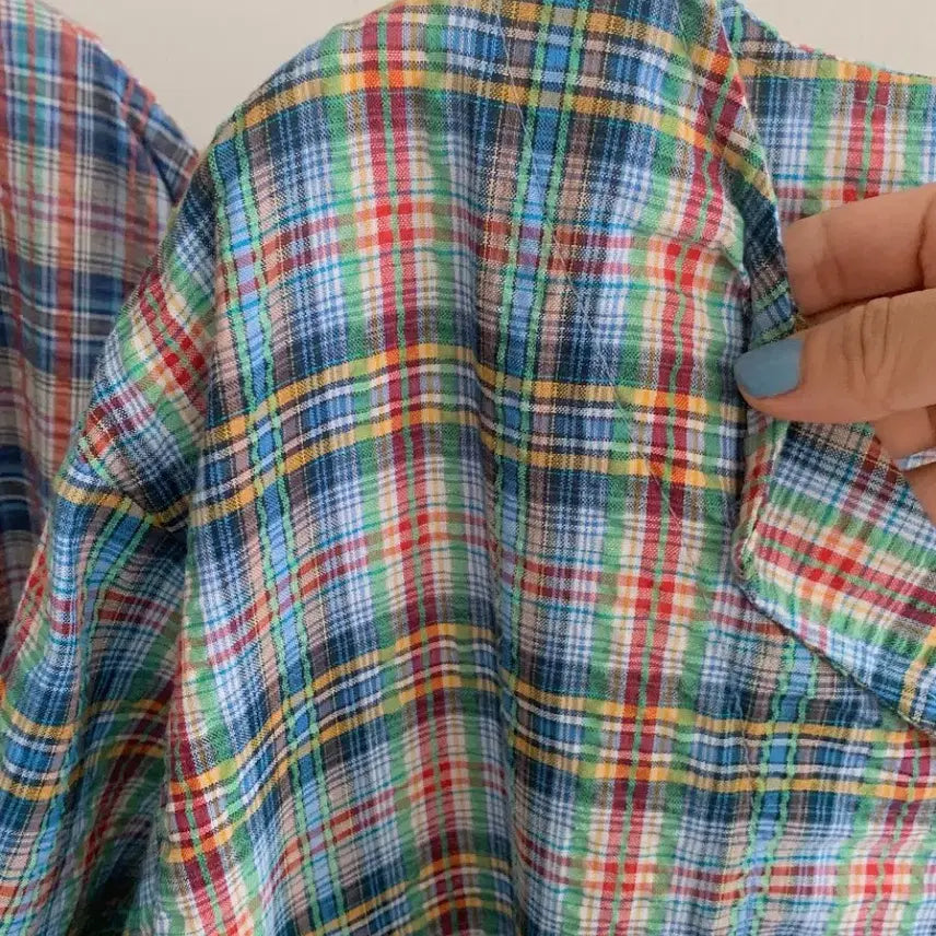 [BUNJANG] Green Checkered Long Sleeve Collar Dress / 그린 체크 롱 반팔 카라 원피스