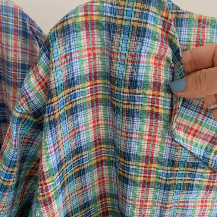 [BUNJANG] Green Checkered Long Sleeve Collar Dress / 그린 체크 롱 반팔 카라 원피스