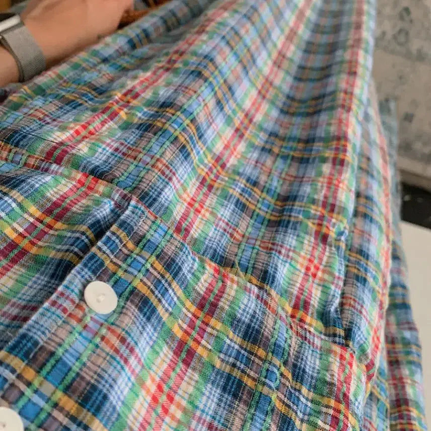 [BUNJANG] Green Checkered Long Sleeve Collar Dress / 그린 체크 롱 반팔 카라 원피스