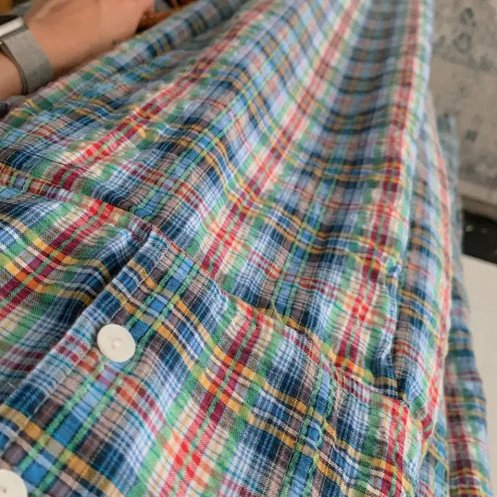 [BUNJANG] Green Checkered Long Sleeve Collar Dress / 그린 체크 롱 반팔 카라 원피스