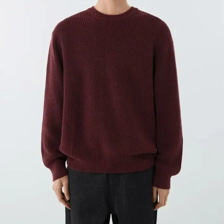 [BUNJANG] Musinsa Standard Cotton Ribbed Crew Neck Knit Burgundy / 무신사 스탠다드 코튼 리브드 크루 넥 니트 [버건디]