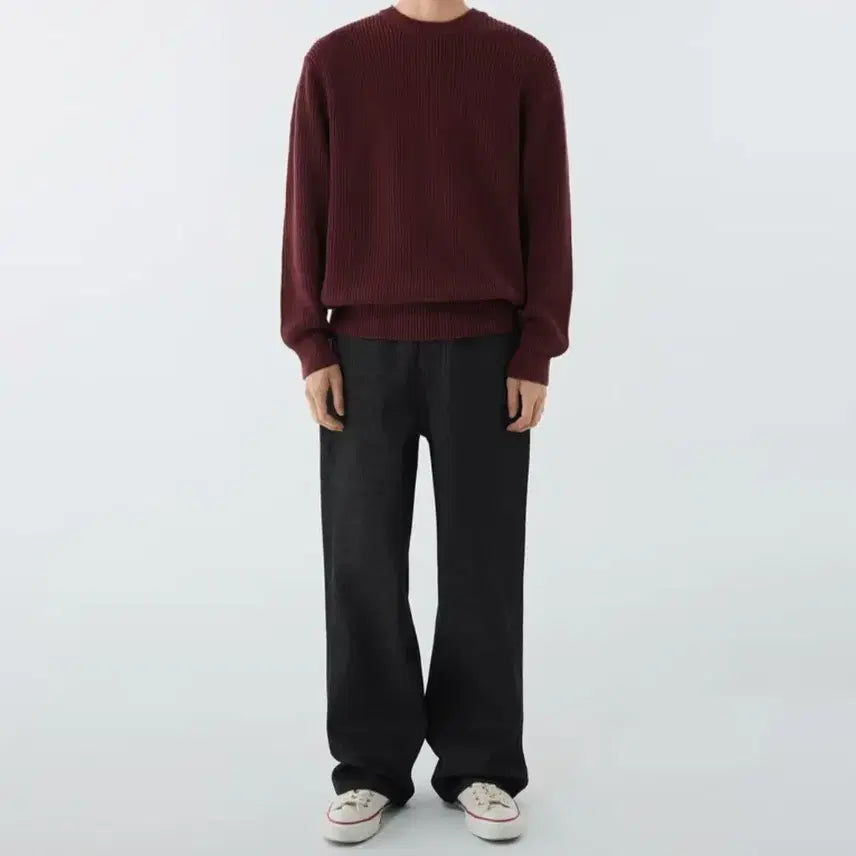 [BUNJANG] Musinsa Standard Cotton Ribbed Crew Neck Knit Burgundy / 무신사 스탠다드 코튼 리브드 크루 넥 니트 [버건디]
