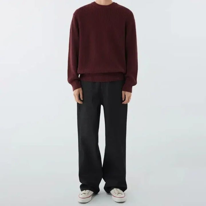 [BUNJANG] Musinsa Standard Cotton Ribbed Crew Neck Knit Burgundy / 무신사 스탠다드 코튼 리브드 크루 넥 니트 [버건디]