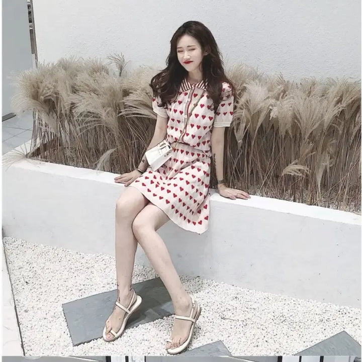 [BUNJANG] Heart Pattern Short Sleeve Two-Piece Set / 하트 패턴 반팔 투피스 세트