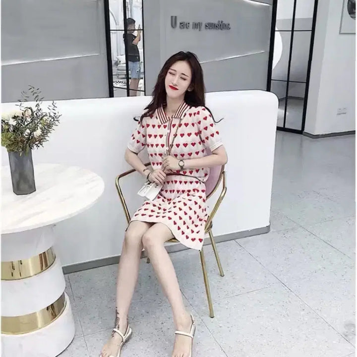 [BUNJANG] Heart Pattern Short Sleeve Two-Piece Set / 하트 패턴 반팔 투피스 세트