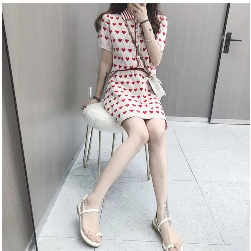 [BUNJANG] Heart Pattern Short Sleeve Two-Piece Set / 하트 패턴 반팔 투피스 세트