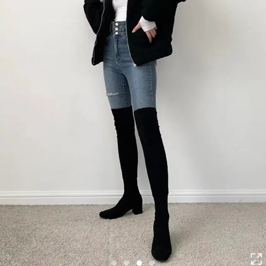 [BUNJANG] Suede Black Spandex Long Boots / 스웨이드 블랙 스판 롱부츠 5cm