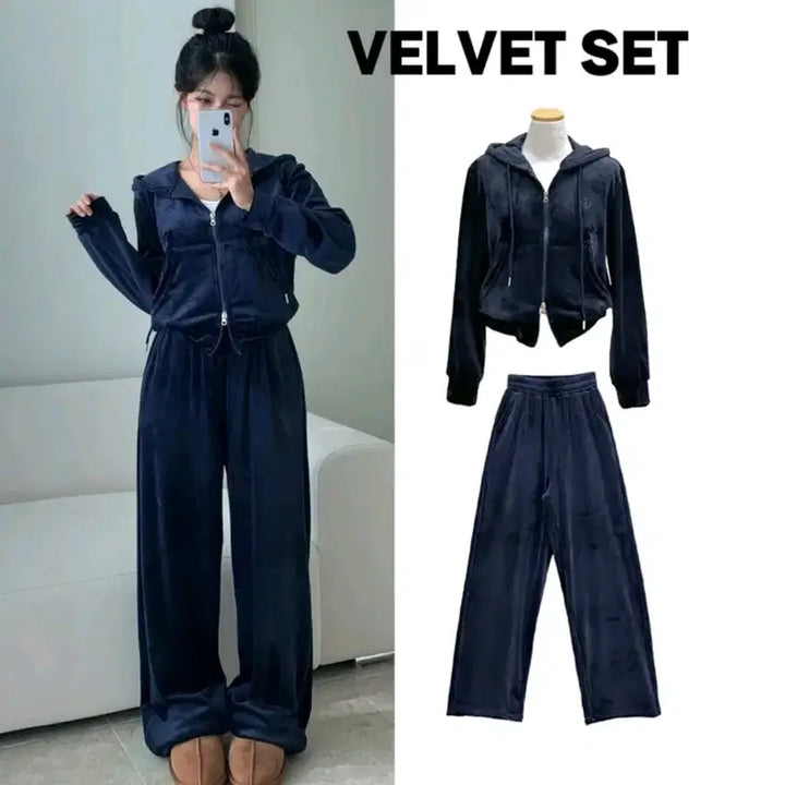 [SOLD OUT] 벨벳 크롭 후드집업 세트