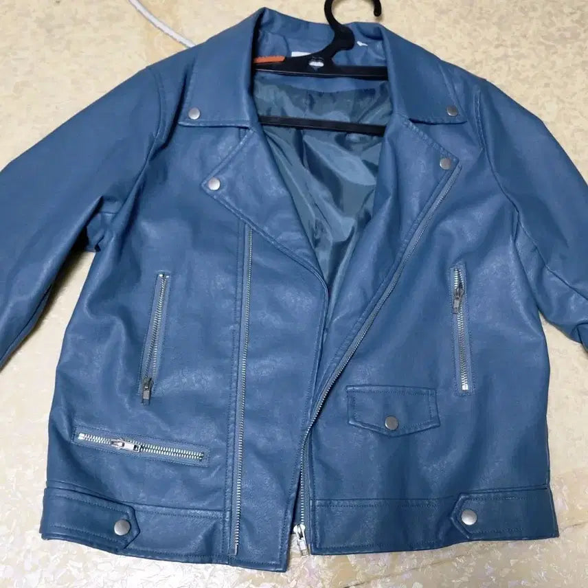 [BUNJANG] Blue Leather Rider Jacket / 블루 컬러 레더 라이더 자켓