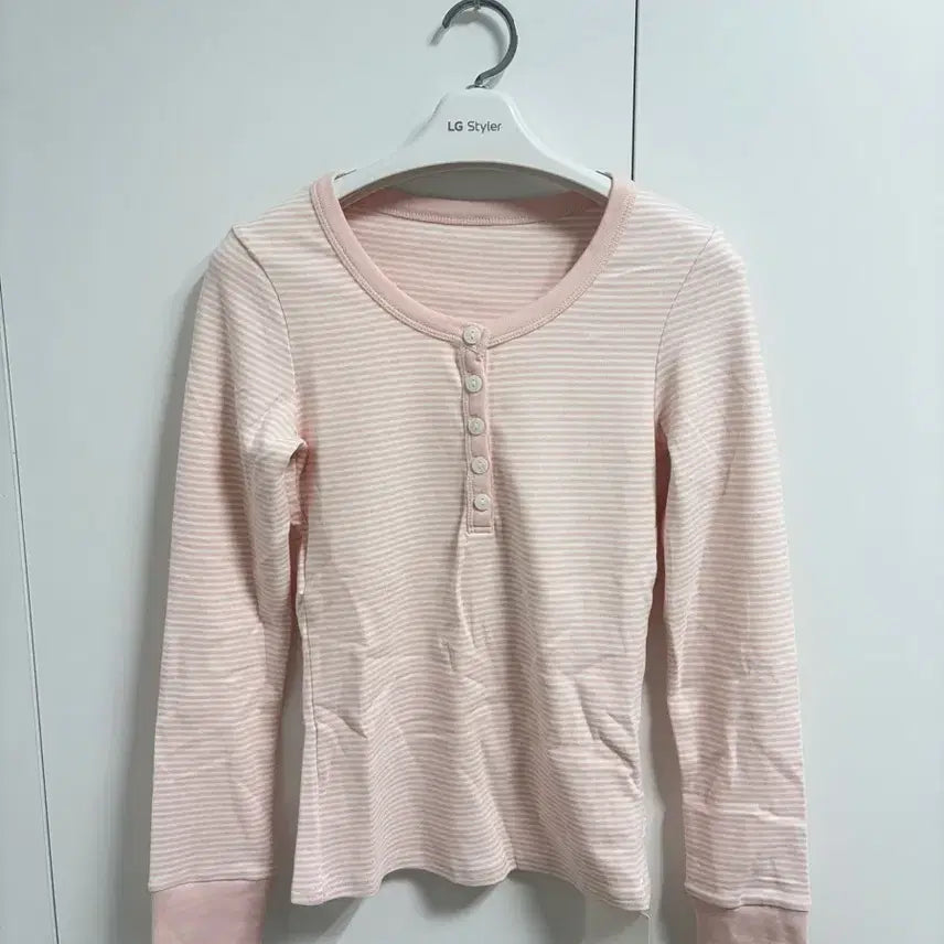 [BUNJANG] Pink Striped Henley Neck Long Sleeve / 새상품 핑크 스트라이프 헨리넥 롱슬리브
