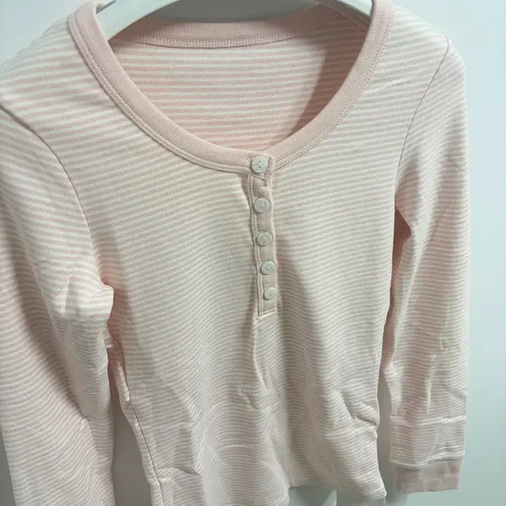 [BUNJANG] Pink Striped Henley Neck Long Sleeve / 새상품 핑크 스트라이프 헨리넥 롱슬리브
