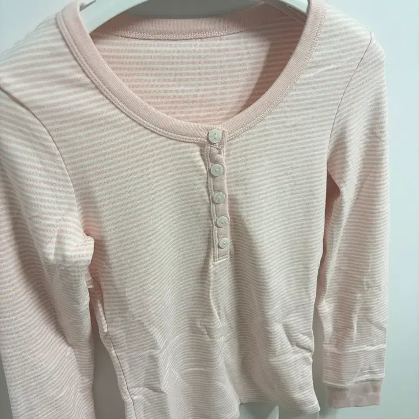 [BUNJANG] Pink Striped Henley Neck Long Sleeve / 새상품 핑크 스트라이프 헨리넥 롱슬리브