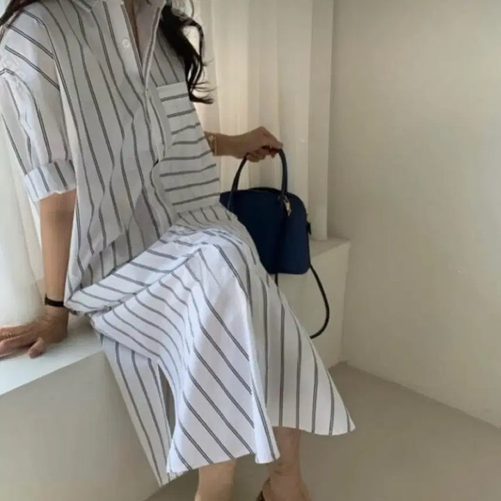 [BUNJANG] White Linen Blend Midi Dress / 롱반팔 면셔츠 화이트린넨 미디빅사이즈 원피스