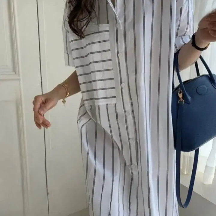 [BUNJANG] White Linen Blend Midi Dress / 롱반팔 면셔츠 화이트린넨 미디빅사이즈 원피스