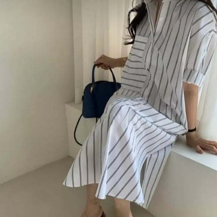 [BUNJANG] White Linen Blend Midi Dress / 롱반팔 면셔츠 화이트린넨 미디빅사이즈 원피스